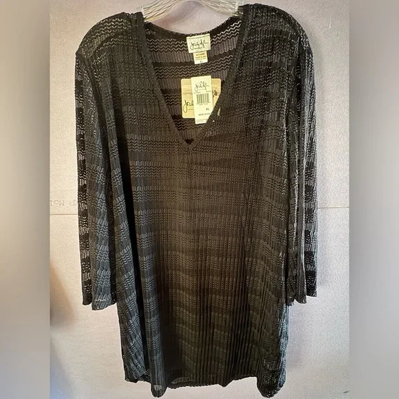 Jordan Taylor Black Mesh Chevron V-neck Swim Beach Coverup Bell sleeves - Picture 4 of 13